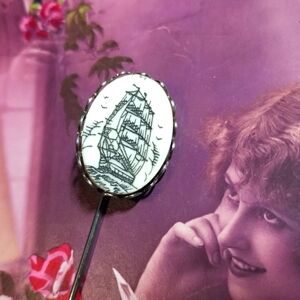 Vintage ship stickpin faux scrimshaw silver tone stick pin nautical boat